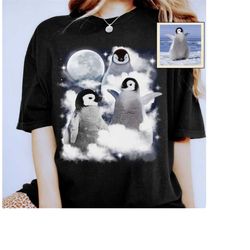 Cute Baby Penguins With Moon Custom Your Own Photo Unisex T-shirt, Personalized Pet Space Watercolor Portrait Tee, Pengu