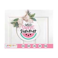 hello sweet summer svg, watermelon svg, summer round sign, summer fruit digital art for silhouette and cricut