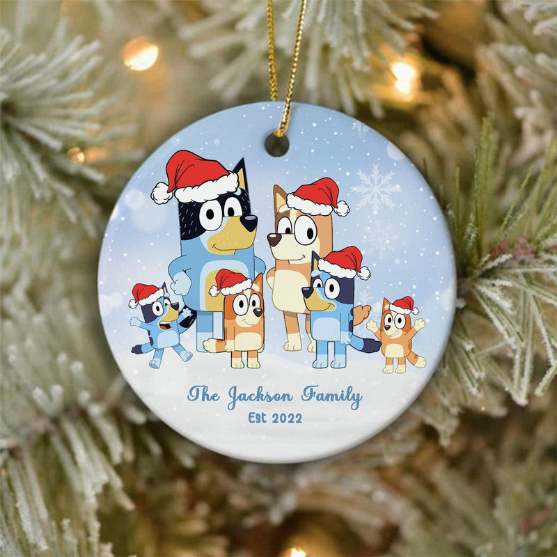 Blue Dog Family Round Ceramic Christmas Ornament, Custom Christmas Family Bluey Ornament, Gift for Family Christmas, Christmas Decorations - 1.jpg
