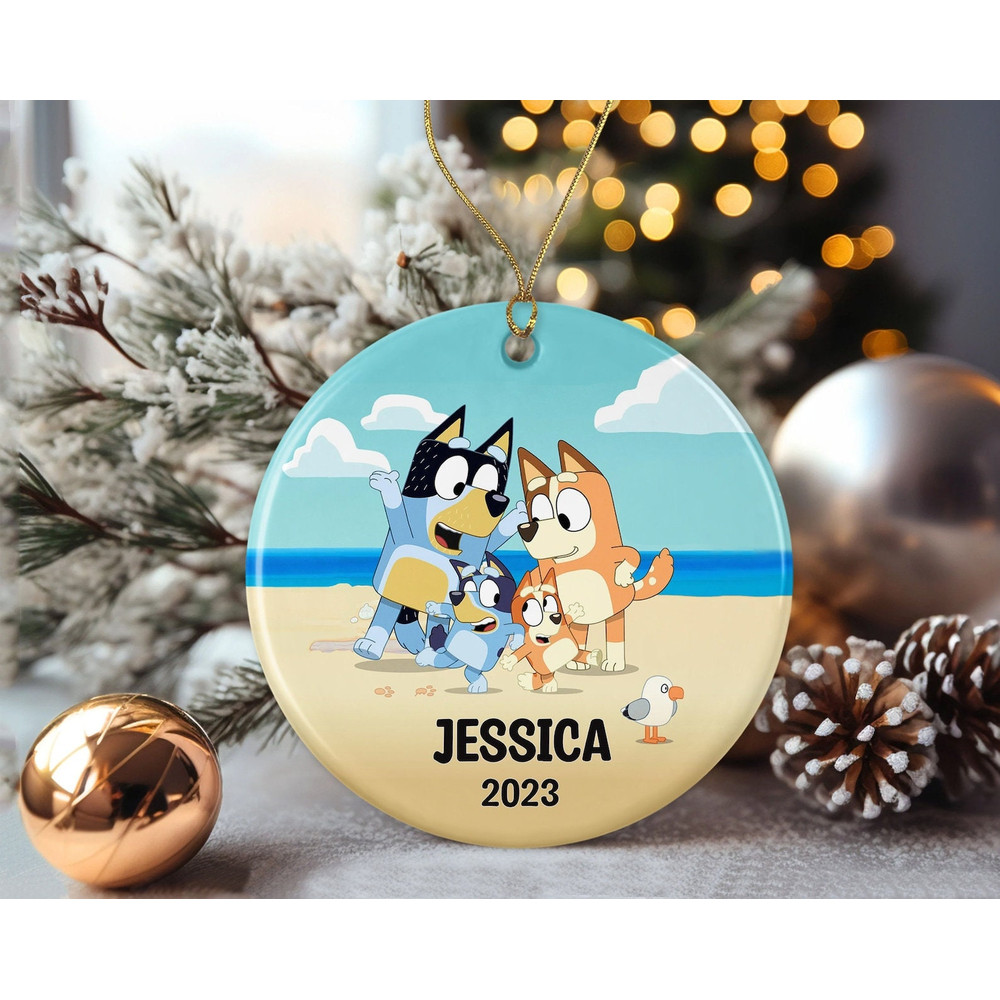 Blue Dog Family Round Ceramic Christmas Ornament, Custom Christmas Family Bluey Ornament, Gift for Family Christmas, Christmas Decorations - 1.jpg