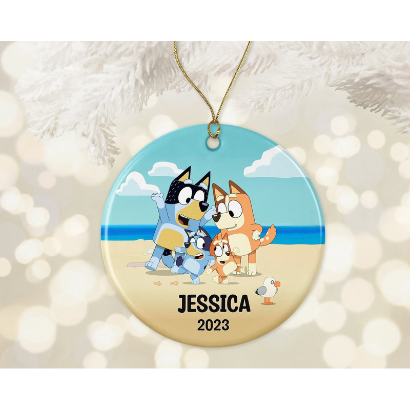 Blue Dog Family Round Ceramic Christmas Ornament, Custom Christmas Family Bluey Ornament, Gift for Family Christmas, Christmas Decorations - 2.jpg