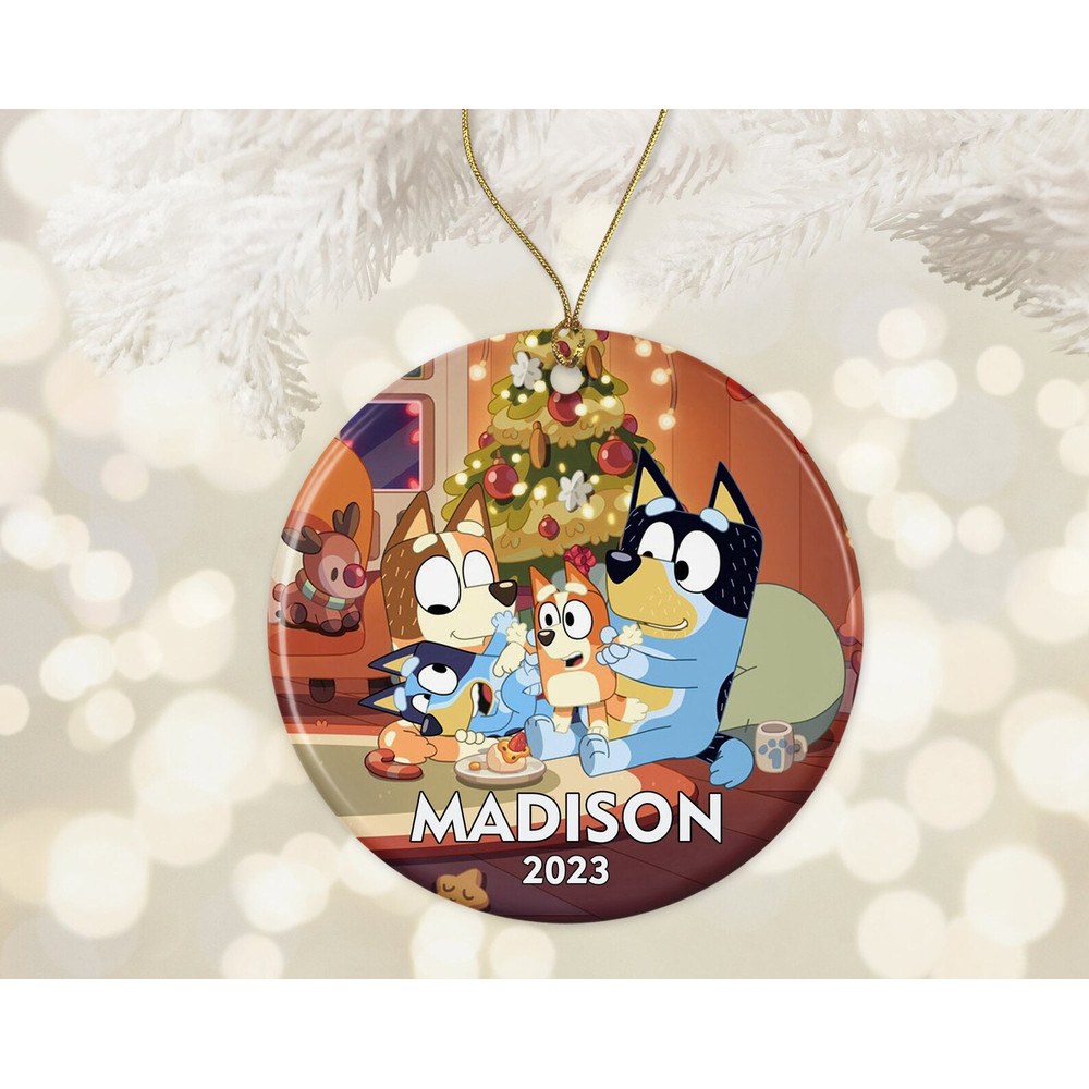 Blue Dog Family Round Ceramic Christmas Ornament, Custom Christmas Family Bluey Ornament, Gift for Family Christmas, Christmas Decorations - 1.jpg