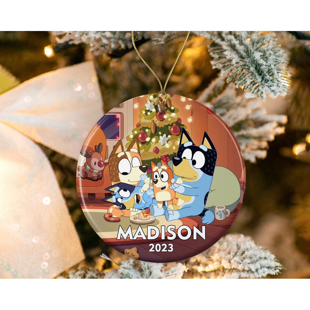 Blue Dog Family Round Ceramic Christmas Ornament, Custom Christmas Family Bluey Ornament, Gift for Family Christmas, Christmas Decorations - 2.jpg