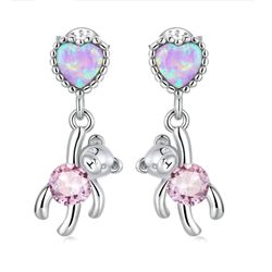 Bear with heart earrings, Sterling silver studs with synthetic opal, Gift for woman