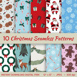 shop stunning digital christmas seamless patterns for sale: santa claus, candy canes, gingerbread man, deer, trees