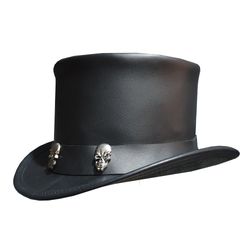 Tri Skulls Band Black Leather Top Hat