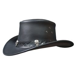 tri skulls band black leather cowboy hat