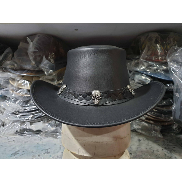 Tri Skulls Band Black Leather Cowboy Hat (2).jpg