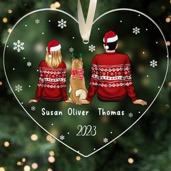 personalized couple and dog ornament, 2023 christmas couple ornament with pets, family and pets ornament