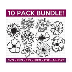 flower svg bundle, rose svg, sunflower svg, floral bouquet png, flowers png, spring art png, botanical png, cut file for cricut, silhouette