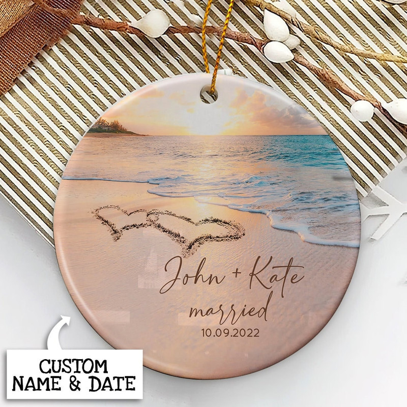 Custom Married Christmas Ornament, Sandy Beach Married Ornament, Personalized Wedding Gift for Couple, Bride and Groom Gift, Newlywed Gift - 1.jpg