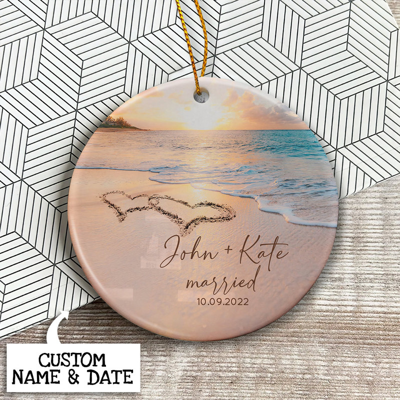 Custom Married Christmas Ornament, Sandy Beach Married Ornament, Personalized Wedding Gift for Couple, Bride and Groom Gift, Newlywed Gift - 2.jpg