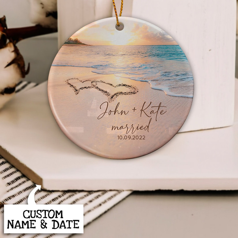 Custom Married Christmas Ornament, Sandy Beach Married Ornament, Personalized Wedding Gift for Couple, Bride and Groom Gift, Newlywed Gift - 3.jpg