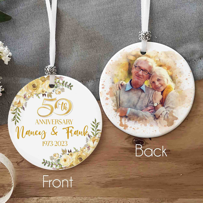Personalized 50th Year Anniversary Ornament, Custom Photo Couple, Gift For Parents Grandpa, 2 Sides Ceramic Ornament, Married Couple Gift - 4.jpg