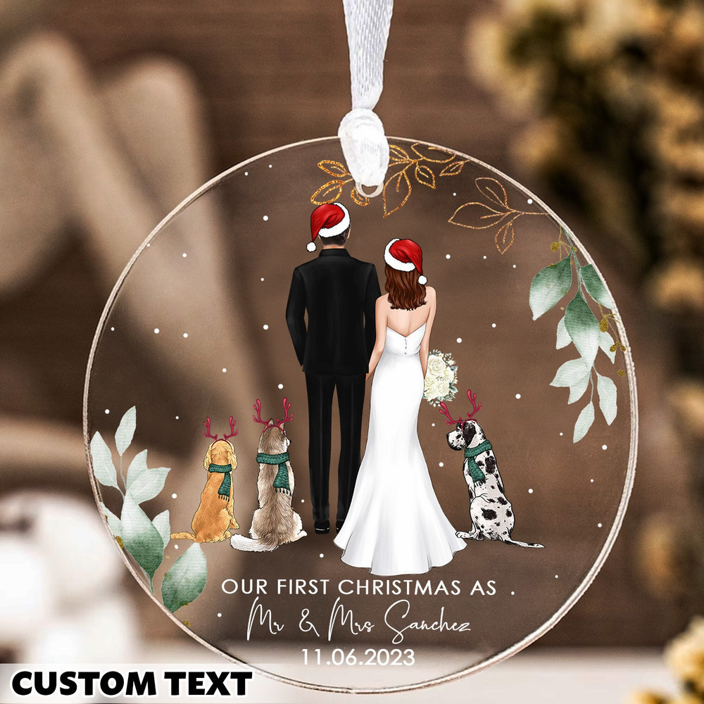 Personalized Couple With Pet Christmas Ornament, First Christmas Mr Mrs , Christmas Gift For Couple, Custom Wedding Egnaged Date, Xmas Decor - 1.jpg