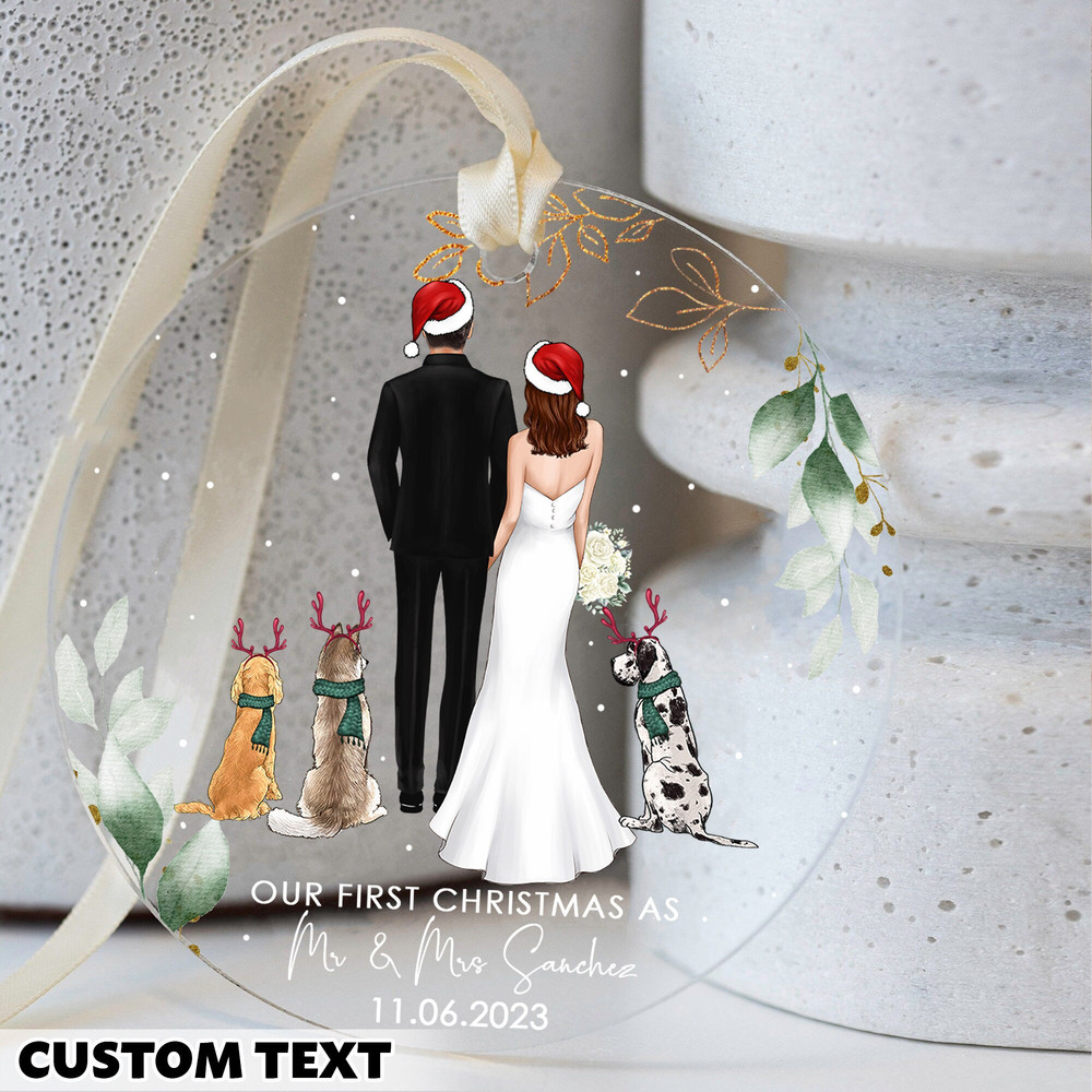 Personalized Couple With Pet Christmas Ornament, First Christmas Mr Mrs , Christmas Gift For Couple, Custom Wedding Egnaged Date, Xmas Decor - 2.jpg