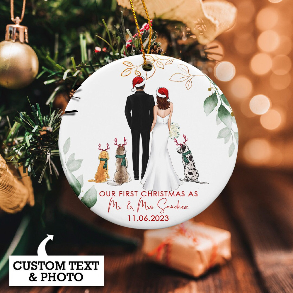 Personalized Couple With Pet Christmas Ornament, First Christmas Mr Mrs , Christmas Gift For Couple, Custom Wedding Egnaged Date, Xmas Decor - 3.jpg
