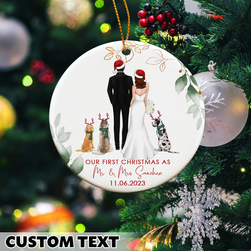 Personalized Couple With Pet Christmas Ornament, First Christmas Mr Mrs , Christmas Gift For Couple, Custom Wedding Egnaged Date, Xmas Decor - 4.jpg