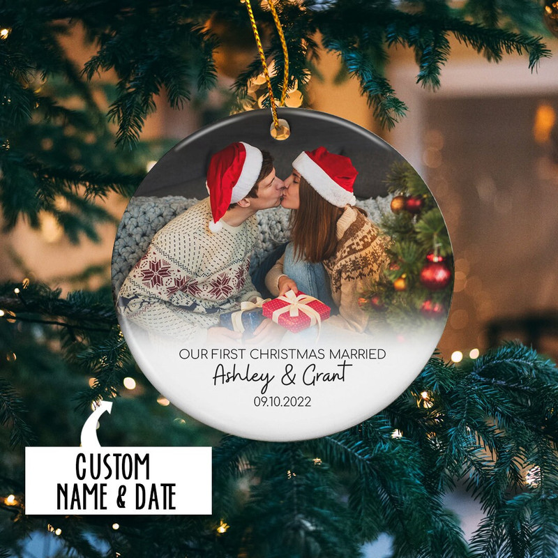 Personalized Our First Christmas Married Ornament, Newlywed Gift, Married Christmas Ornament, Wedding Gift Keepsake, Ceramic Photo Ornament - 4.jpg