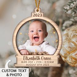Babys First Christmas Ornament 2023, Personalized Baby Stats Ornament, Baby Photo Ornament