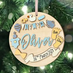 wooden personalized baby birth stat ornament, babys first christmas ornament, wood baby keepsake