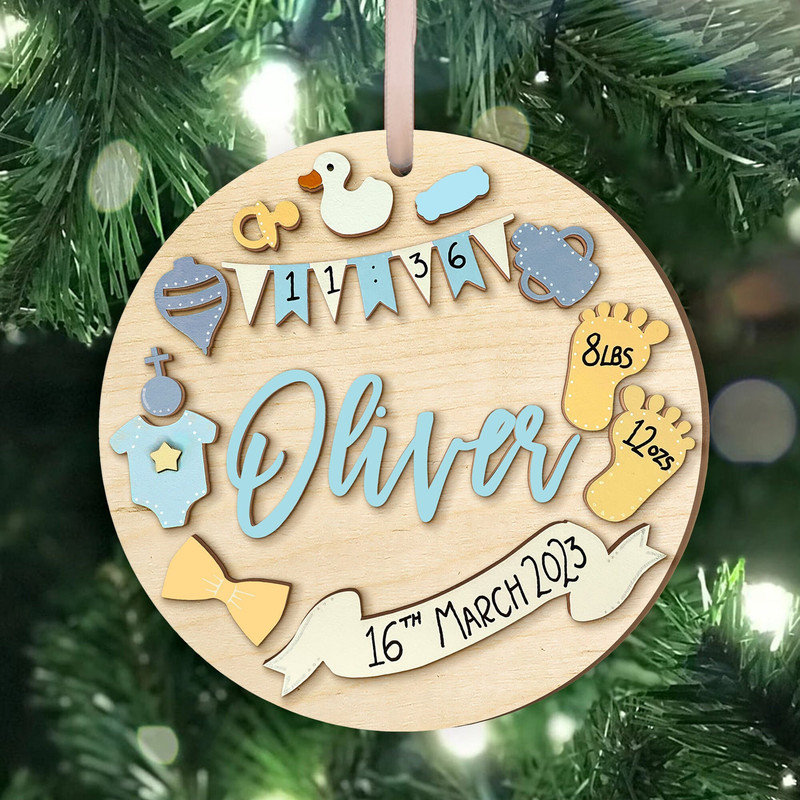 Wooden Personalized Baby Birth Stat Ornament, Baby's First Christmas Ornament, Wood Baby Keepsake, Baby Shower Gift, Newborn Baby Gift - 1.jpg