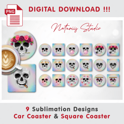 9 Funny Skull Templates - Sublimation Waterslade Pattern - Car Coaster Design - Digital Download
