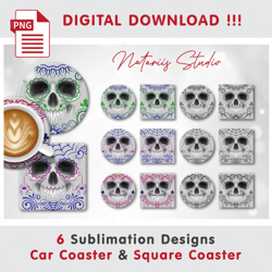 6 Funny Sugar Skull Templates - Sublimation Waterslade Pattern - Car Coaster Design - Digital Download