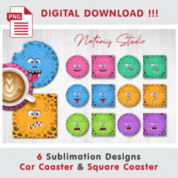 6 Funny Monster Faces Templates - Sublimation Waterslade Pattern - Car Coaster Design - Digital Download
