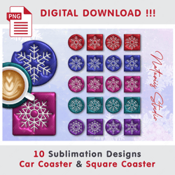 10 Christmas Puffy Snowflakes Templates - Sublimation Waterslade Pattern - Car Coaster Design - Digital Download