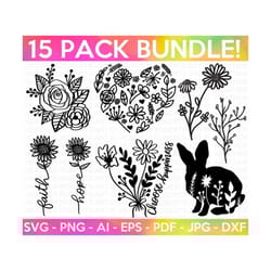 wild flower svg bundle, flower svg, floral svg, hand drawn wildflower svg, botanical svg, nature svg, plant svg, minimalist, cut file cricut