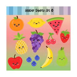 11 pack kawaii fruit / cute fruit clipart / happy fruit clip art/ orange, watermelon, lemon, grapes, strawberry, pear, banana, blueberries