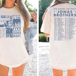 jonas brothers 2 sided shirt, jonas brother merch, five albums one night tour dates shirt, jonas brothers tour shirt, co