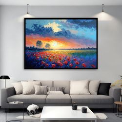 poppy field canvas painting, poppy flower artwork, poppy field painting, flower wall art, nature landscape painting, flo