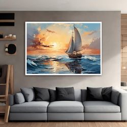 Ship at Sunset Canvas Art, Sailing Ship Canvas Print, Sea Wall Art, Sunset Wall Art, Sunset Seascape Canvas, Nature Pain