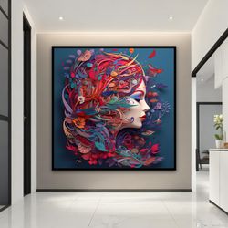 woman with flower hair canvas painting, floral head woman wall art, colorful flowers and woman canvas print, modern can