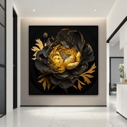 yellow and black peony canvas wall decor, flowers art, peonies print, blooming flower art, floral wall decor