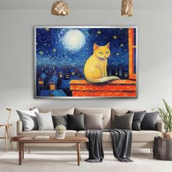 yellow cat on the roof canvas painting, cat at full moon wall art, cat canvas print, cat lover gift, animal canvas art