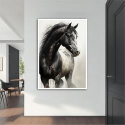 black horse canvas painting, black horse poster, black horse wall art, black horse art
