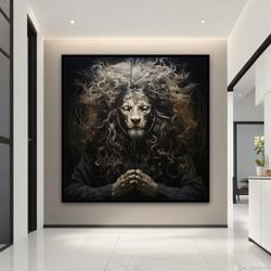 buddha lion canvas painting, buddha lion wall art, black lion poster, lion canvas print, meditating lion art,animal wal