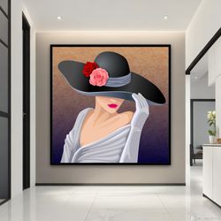 Lady in Floral Hat Canvas Painting, Modern Woman Wall Art, Woman in Hat Print, Girl Portrait Canvas Print