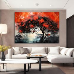 Red Tree Canvas Painting, Red Tree in the Forest Wall decor, Tree Print Art, Nature Painting, Landscape Art
