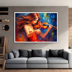 woman playing violin canvas print, red violinist canvas wall art, violinist girl canvas painting, instrument wall art