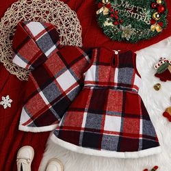 Toddler Baby Girls Stylish Fleece Lined Plaid Coat Plaid Dress Set Fall Winter Warm Outfit