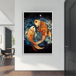 dark fish canvas painting, koi fish poster, koi fish wall art, dark fish art, koi fish home decor, animal wall decor