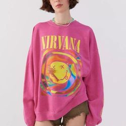 nirvana smile face sweatshirt in heliconia color, nirvana smile face crewneck, , trendy sweatshirt, gift, rock band shir