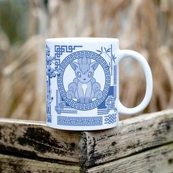 character coffee mug blue willow inspired, pokemon gift, magikarp mug, vaporeon mug, gyarados mug