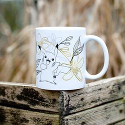 character coffee mug blue willow inspired, pokemon gift, dragonair dragonite mug, clefairy clefable