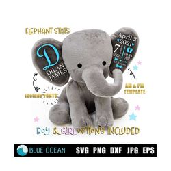 birth stats elephant svg, birth stats svg, baby girl, baby boy, birth stats template