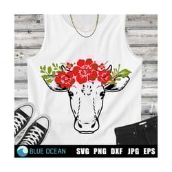 cow with flowers svg, cow svg, red flowers bouquet svg